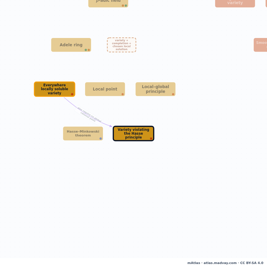 Graph centered on Variety violating the Hasse principle, showing the selected concept and its surrounding relations.